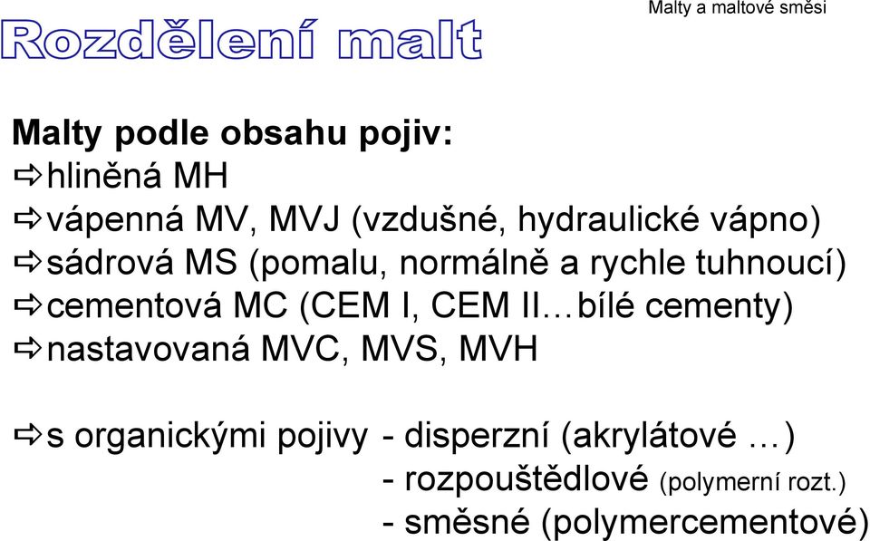 CEM II bílé cementy) nastavovaná MVC, MVS, MVH s organickými pojivy -