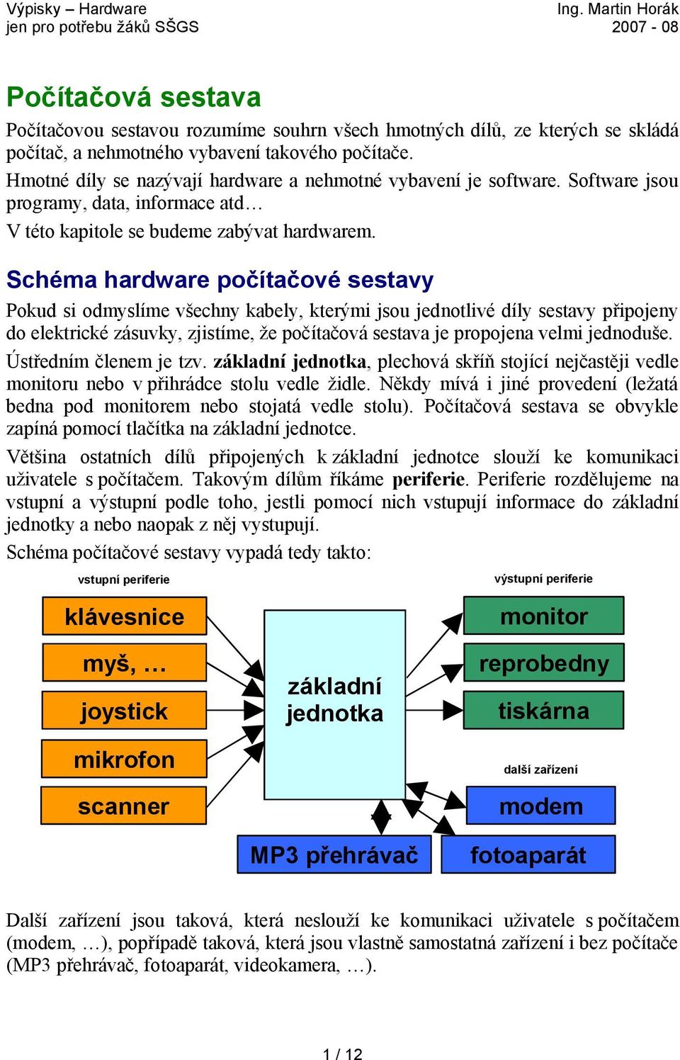 Schéma hardware počítačové sestavy Pokud si odmyslíme všechny kabely, kterými jsou jednotlivé díly sestavy připojeny do elektrické zásuvky, zjistíme, že počítačová sestava je propojena velmi