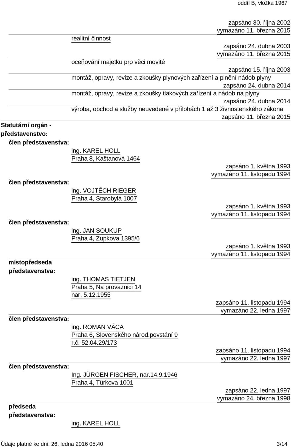 dubna 2014 výroba, obchod a služby neuvedené v přílohách 1 až 3 živnostenského zákona zapsáno 11. března 2015 Statutární orgán - představenstvo: člen ing. KAREL HOLL Praha 8, Kaštanová 1464 člen ing.