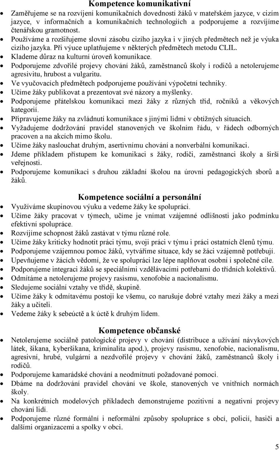 Klademe důraz na kulturní úroveň komunikace. Podporujeme zdvořilé projevy chování žáků, zaměstnanců školy i rodičů a netolerujeme agresivitu, hrubost a vulgaritu.