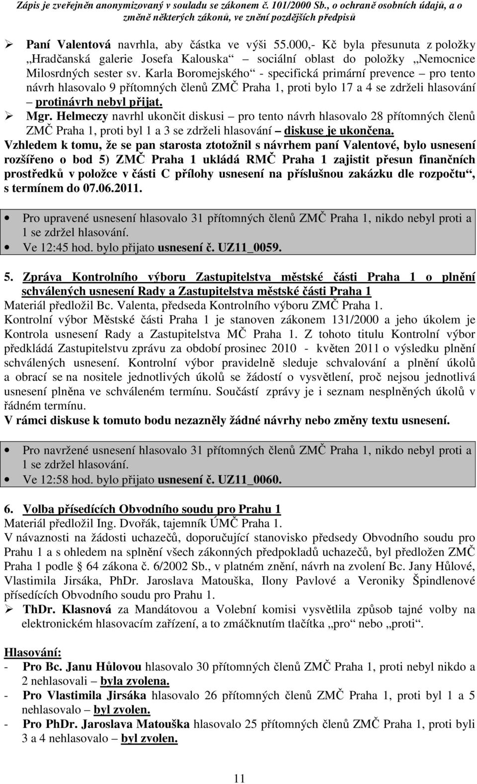 Helmeczy navrhl ukončit diskusi pro tento návrh hlasovalo 28 přítomných členů ZMČ Praha 1, proti byl 1 a 3 se zdrželi hlasování diskuse je ukončena.