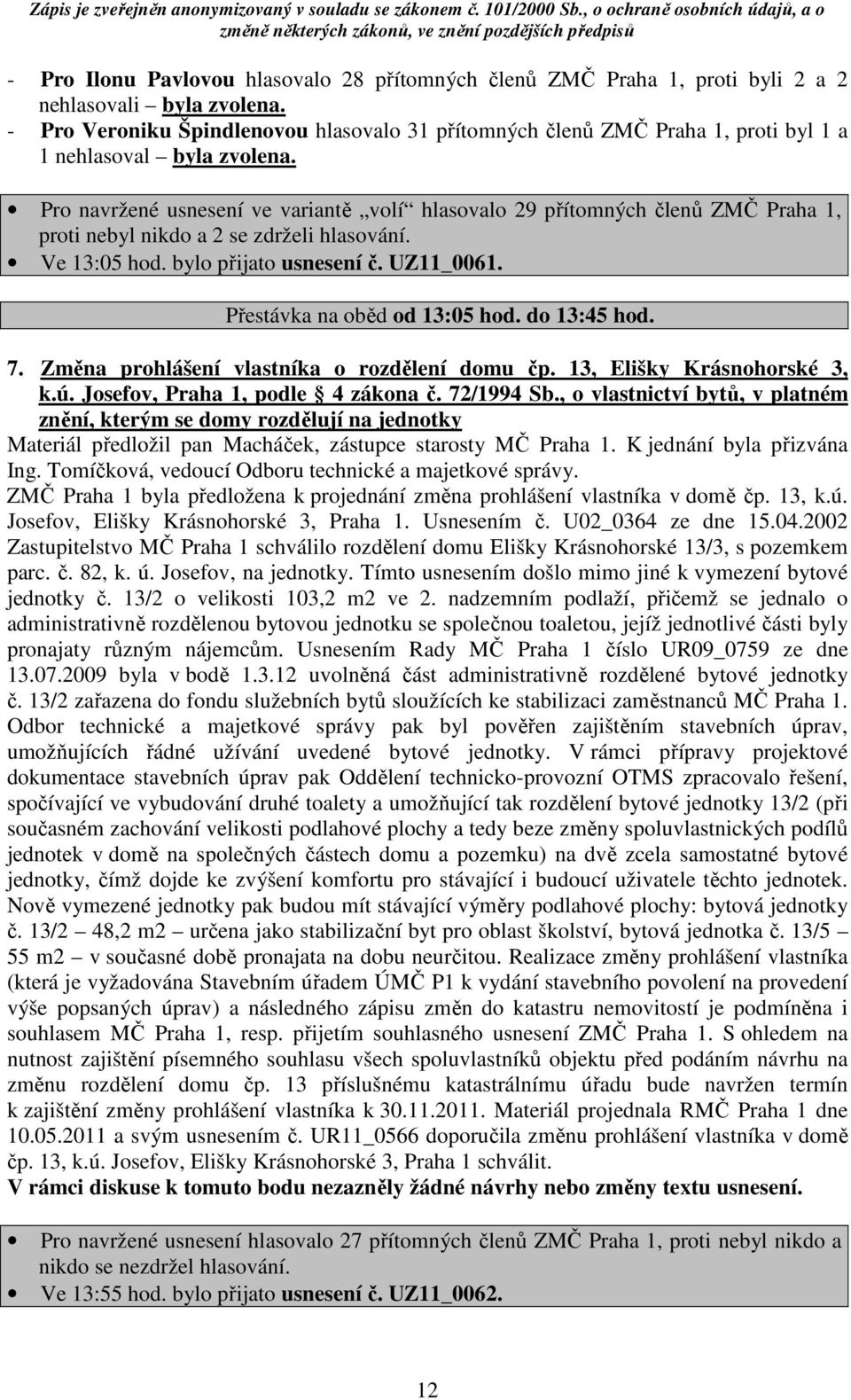 Pro navržené usnesení ve variantě volí hlasovalo 29 přítomných členů ZMČ Praha 1, proti nebyl nikdo a 2 se zdrželi hlasování. Ve 13:05 hod. bylo přijato usnesení č. UZ11_0061.