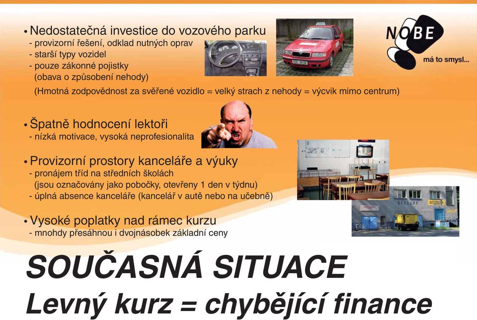 Provizorní prostory kanceláře a výuky - pronájem tříd na středních školách (jsou označovány jako pobočky, otevřeny 1 den v týdnu) - úplná absence kanceláře