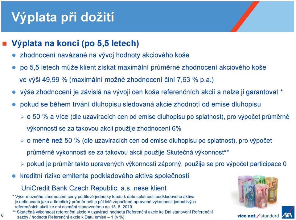 emise dluhopisu o 50 % a více (dle uzavíracích cen od emise dluhopisu po splatnost), pro výpočet průměrné výkonnosti se za takovou akcii použije zhodnocení 6% o méně než 50 % (dle uzavíracích cen od