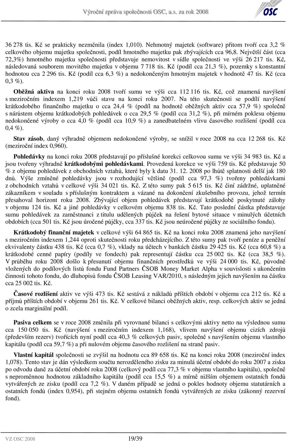 Kč (podíl cca 21,3 %), pozemky s konstantní hodnotou cca 2 296 tis. Kč (podíl cca 6,3 %) a nedokončeným hmotným majetek v hodnotě 47 tis. Kč (cca 0,3 %).