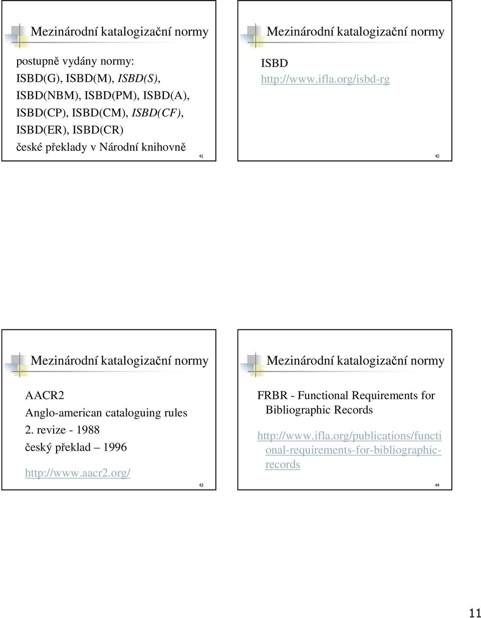 org/isbd-rg 42 AACR2 Anglo-american cataloguing rules 2. revize - 1988 český překlad 1996 http://www.aacr2.