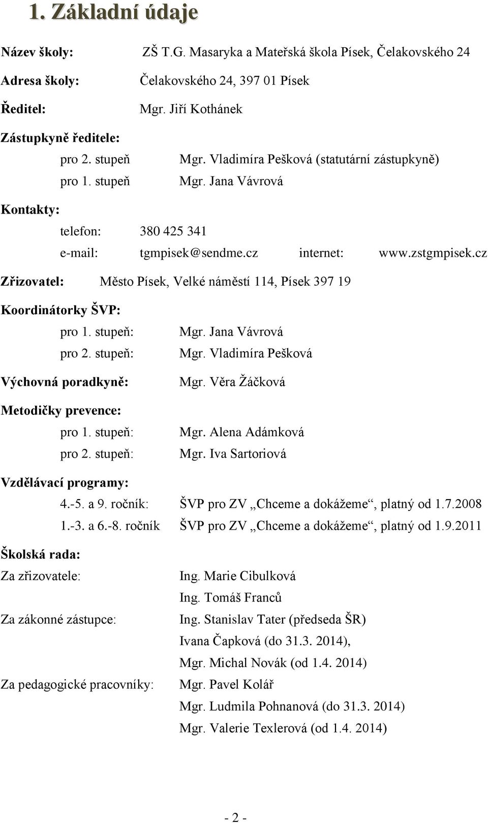 cz Zřizovatel: Město Písek, Velké náměstí 114, Písek 397 19 Koordinátorky ŠVP: pro 1. stupeň: pro 2. stupeň: Výchovná poradkyně: Metodičky prevence: pro 1. stupeň: pro 2. stupeň: Mgr.