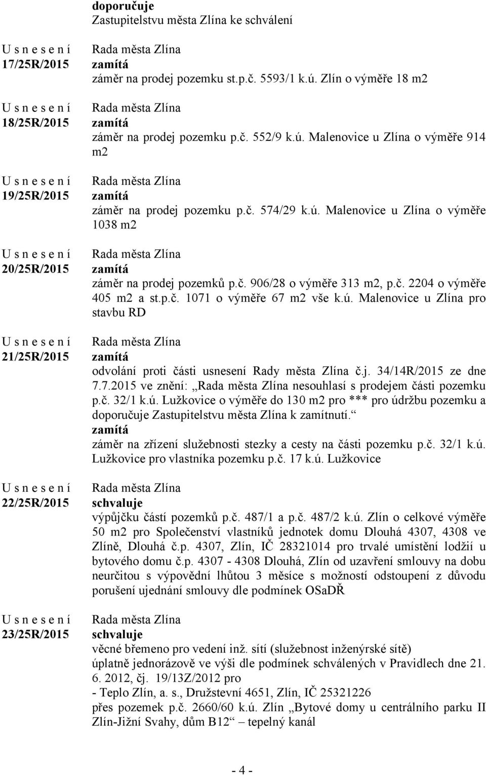 č. 906/28 o výměře 313 m2, p.č. 2204 o výměře 405 m2 a st.p.č. 1071 o výměře 67 m2 vše k.ú. Malenovice u Zlína pro stavbu RD zamítá odvolání proti části usnesení Rady města Zlína č.j.