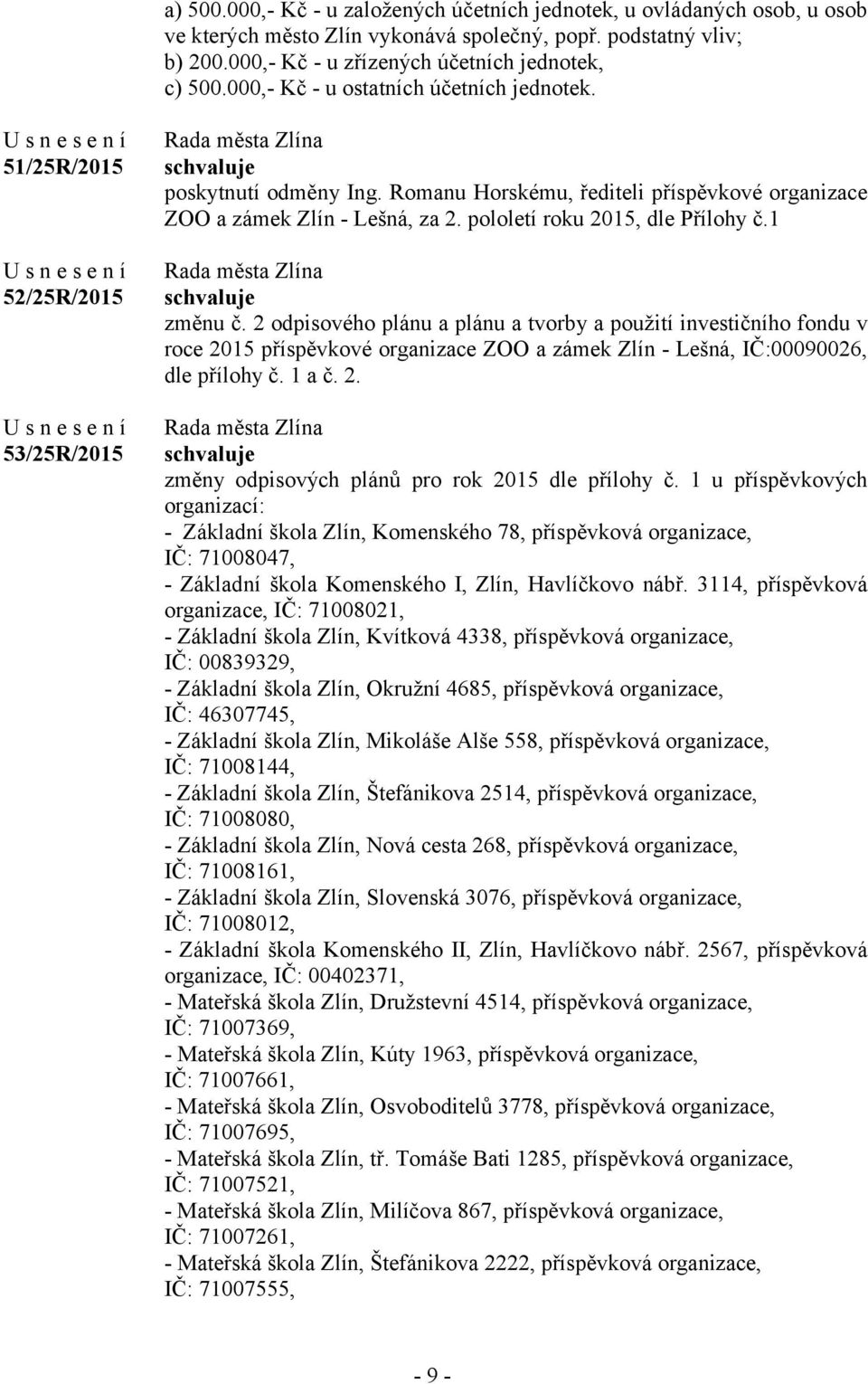 pololetí roku 2015, dle Přílohy č.1 změnu č. 2 odpisového plánu a plánu a tvorby a použití investičního fondu v roce 2015 příspěvkové organizace ZOO a zámek Zlín - Lešná, IČ:00090026, dle přílohy č.