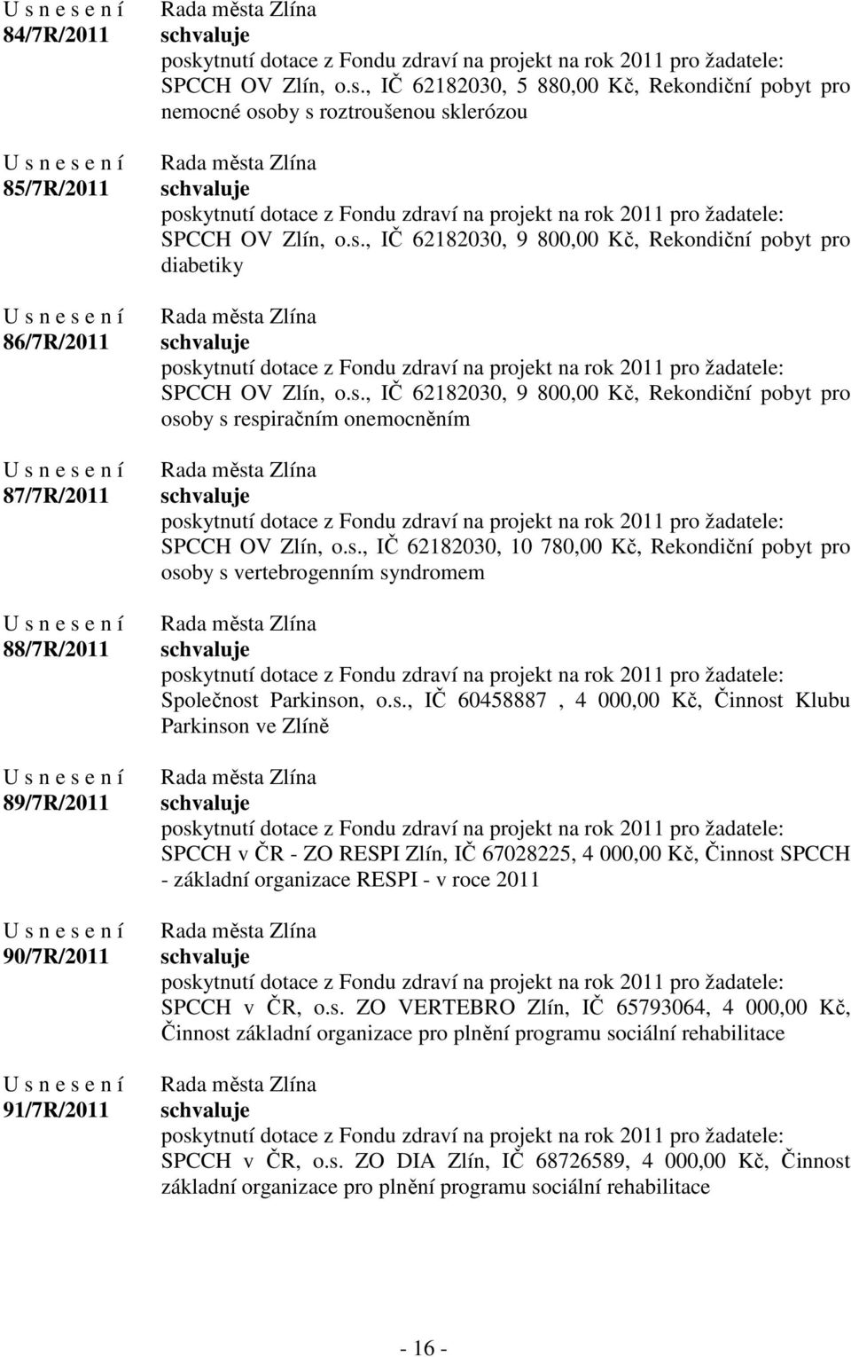 s., IČ 62182030, 10 780,00 Kč, Rekondiční pobyt pro osoby s vertebrogenním syndromem Společnost Parkinson, o.s., IČ 60458887, 4 000,00 Kč, Činnost Klubu Parkinson ve Zlíně SPCCH v ČR - ZO RESPI Zlín, IČ 67028225, 4 000,00 Kč, Činnost SPCCH - základní organizace RESPI - v roce 2011 SPCCH v ČR, o.