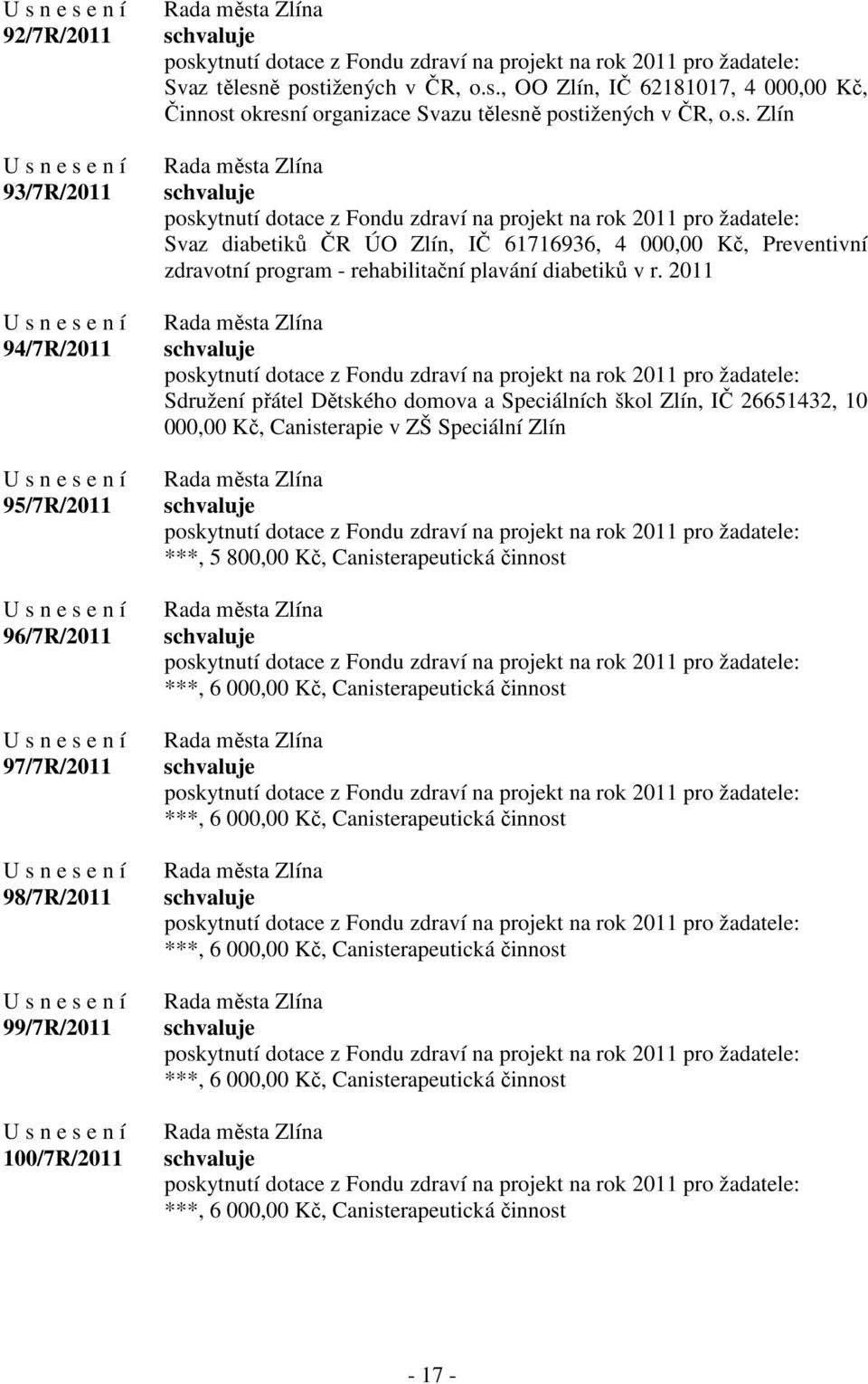 2011 Sdružení přátel Dětského domova a Speciálních škol Zlín, IČ 26651432, 10 000,00 Kč, Canisterapie v ZŠ Speciální Zlín ***, 5 800,00 Kč, Canisterapeutická činnost ***, 6 000,00 Kč,