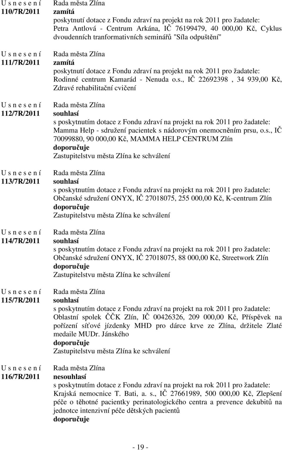 , IČ 22692398, 34 939,00 Kč, Zdravé rehabilitační cvičení souhlasí s poskytnutím dotace z Fondu zdraví na projekt na rok 2011 pro žadatele: Mamma Help - sdružení pacientek s nádorovým onemocněním