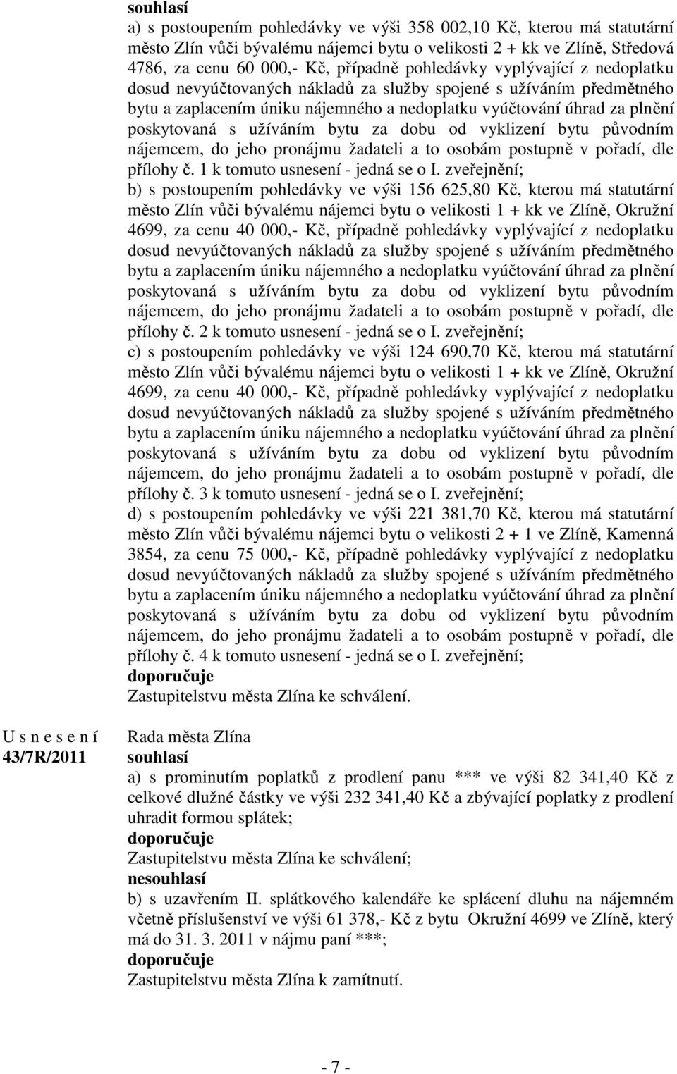 užíváním bytu za dobu od vyklizení bytu původním nájemcem, do jeho pronájmu žadateli a to osobám postupně v pořadí, dle přílohy č. 1 k tomuto usnesení - jedná se o I.