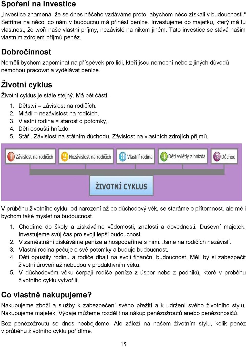 Dobročinnost Neměli bychom zapomínat na příspěvek pro lidi, kteří jsou nemocní nebo z jiných důvodů nemohou pracovat a vydělávat peníze. Ţivotní cyklus Ţivotní cyklus je stále stejný. Má pět částí. 1.