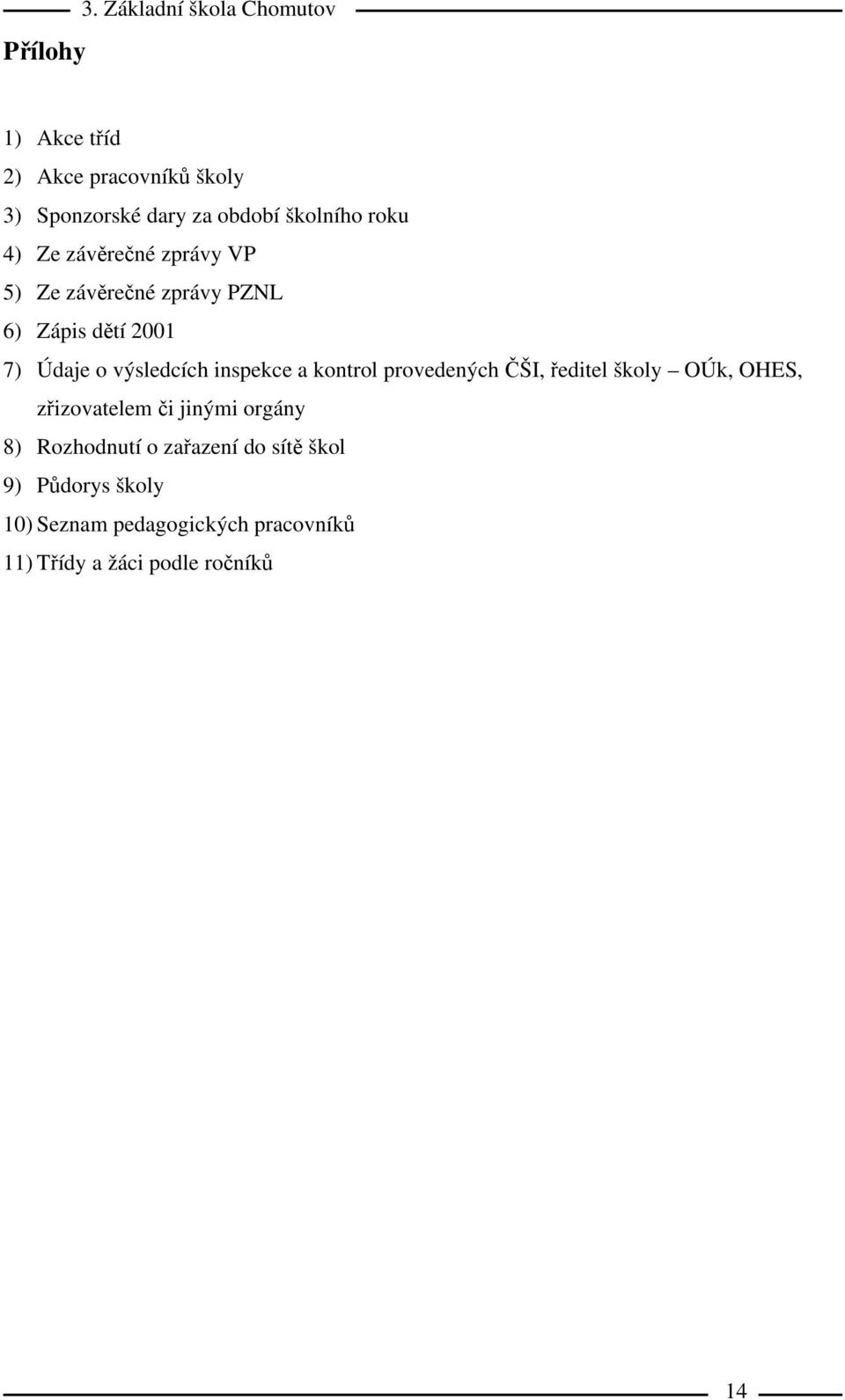 4) Ze závěrečné zprávy VP 5) Ze závěrečné zprávy PZNL 6) Zápis dětí 2001 7) Údaje o výsledcích inspekce a