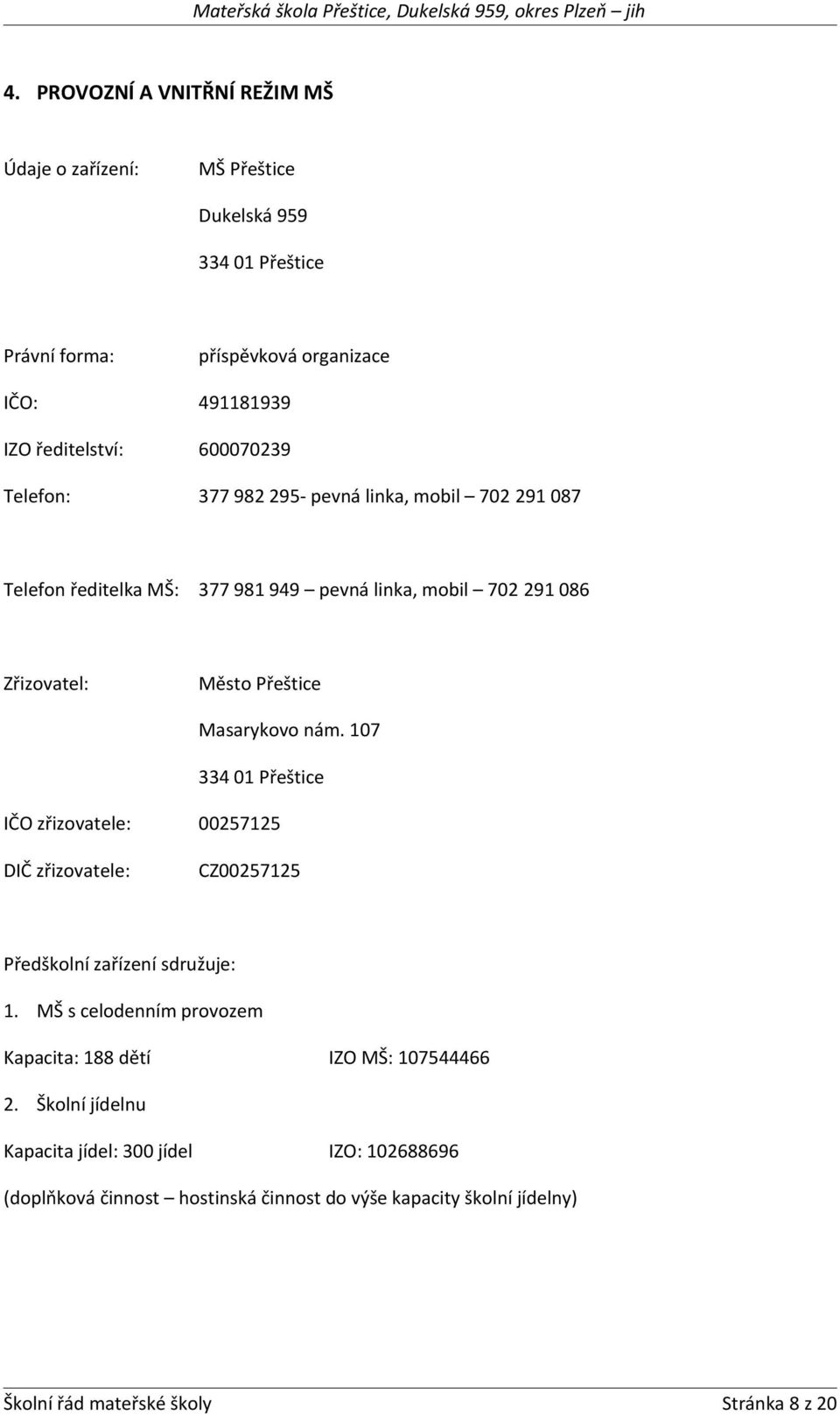 nám. 107 334 01 Přeštice IČO zřizovatele: 00257125 DIČ zřizovatele: CZ00257125 Předškolní zařízení sdružuje: 1.