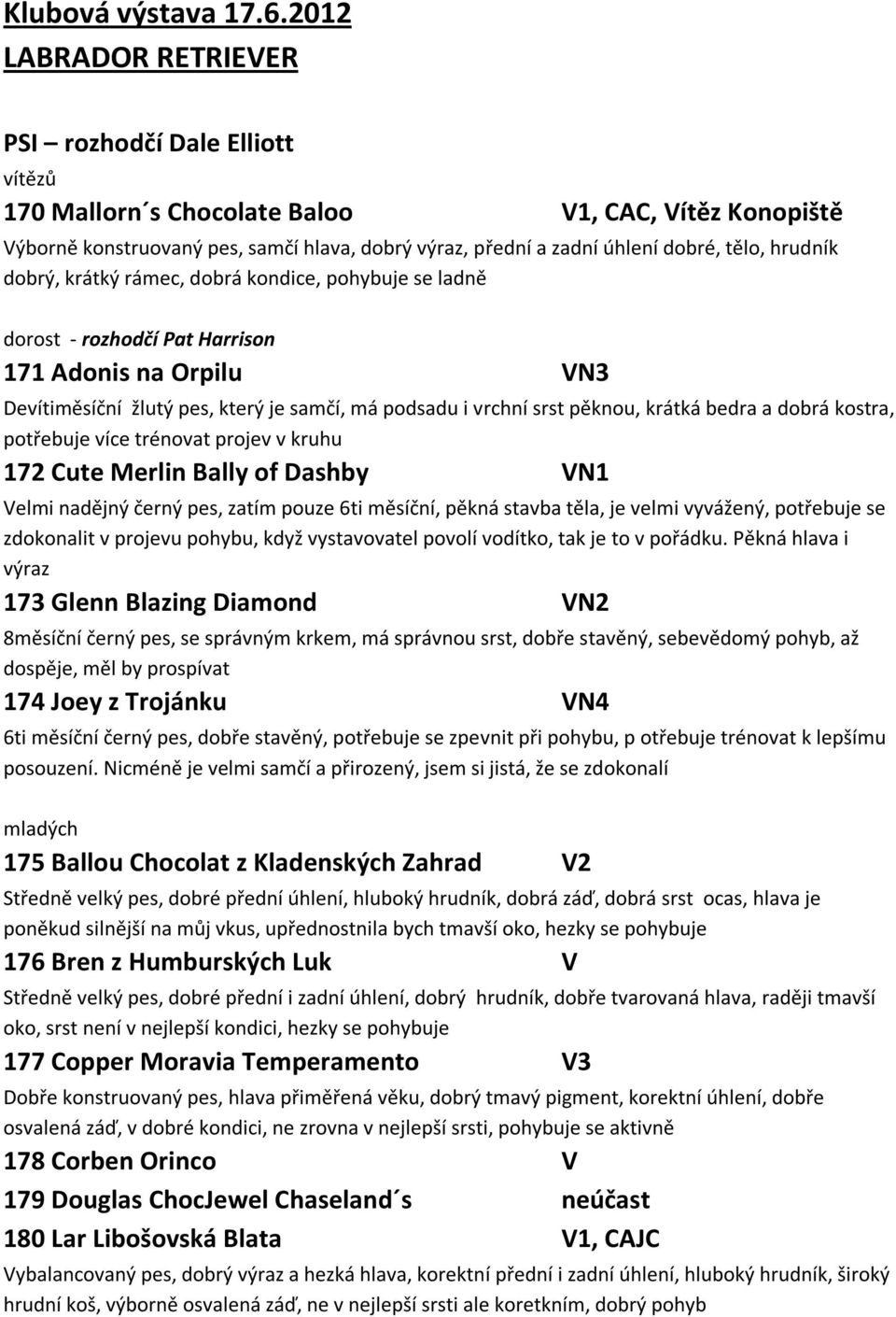 hrudník dobrý, krátký rámec, dobrá kondice, pohybuje se ladně dorost - rozhodčí Pat Harrison 171 Adonis na Orpilu VN3 Devítiměsíční žlutý pes, který je samčí, má podsadu i vrchní srst pěknou, krátká