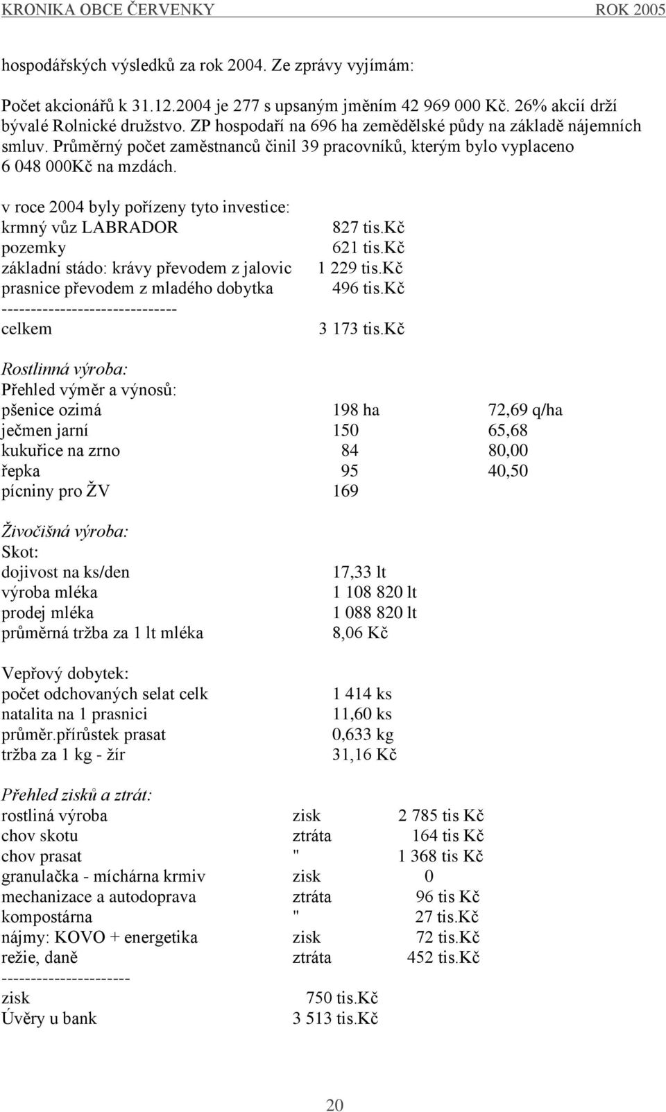 v roce 2004 byly pořízeny tyto investice: krmný vůz LABRADOR pozemky základní stádo: krávy převodem z jalovic prasnice převodem z mladého dobytka ------------------------------ celkem 827 tis.