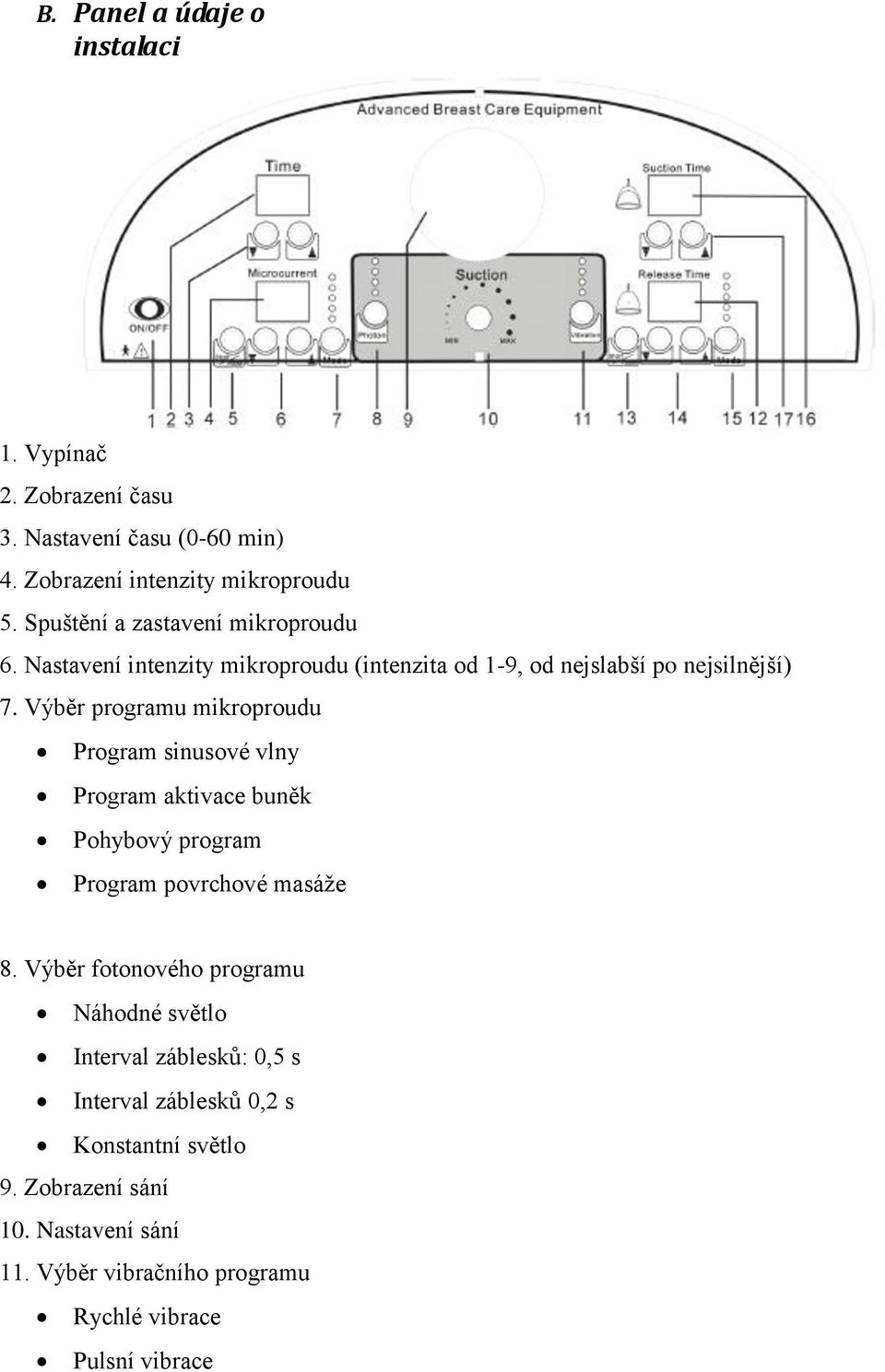 Výběr programu mikroproudu Program sinusové vlny Program aktivace buněk Pohybový program Program povrchové masáže 8.