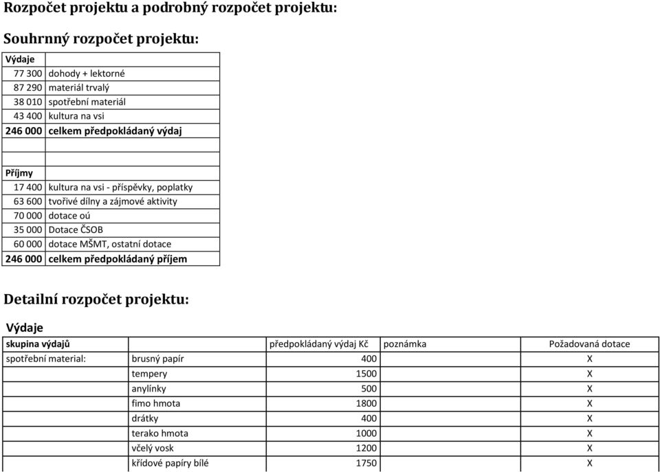 ČSOB 60 000 dotace MŠMT, ostatní dotace 246 000 celkem předpokládaný příjem Detailní rozpočet projektu: Výdaje skupina výdajů předpokládaný výdaj Kč poznámka