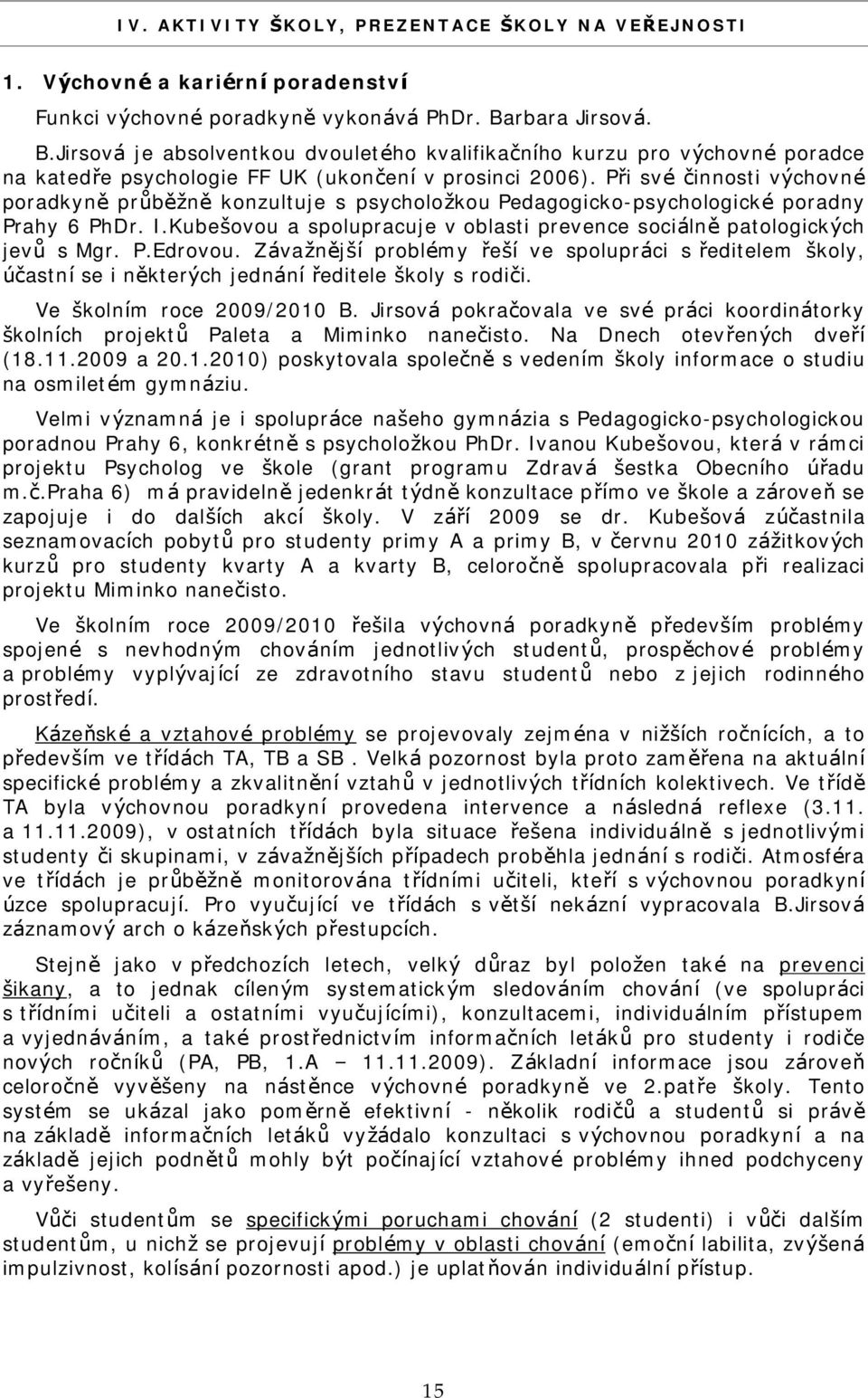 Pri svč cinnosti vychovnč poradkyne pru bezne konzultuje s psycholozkou Pedagogicko-psychologickč poradny Prahy 6 PhDr. I.