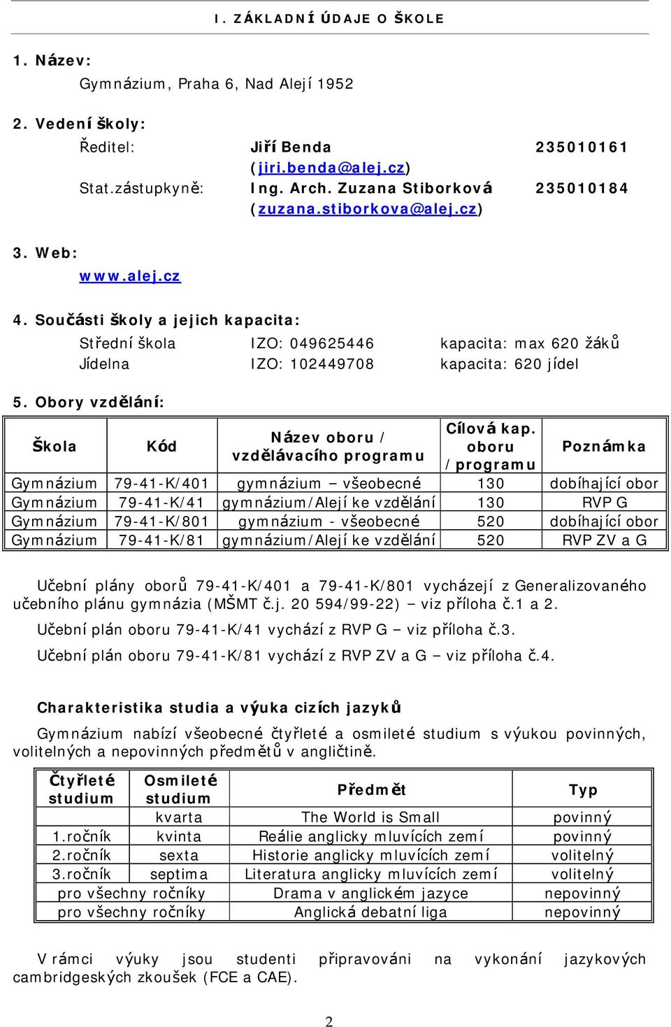 Obory vzdólanı: Skola Kod Nazev oboru / vzdólavacıho programu Cılova kap.