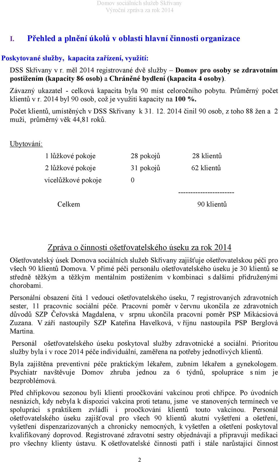 Průměrný počet klientů v r. 2014 byl 90 osob, což je využití kapacity na 100 %. Počet klientů, umístěných v DSS Skřivany k 31. 12. 2014 činil 90 osob, z toho 88 žen a 2 muži, průměrný věk 44,81 roků.