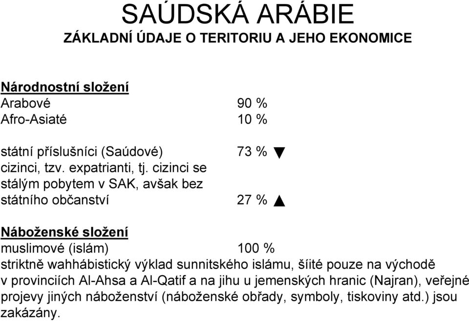 cizinci se stálým pobytem v SAK, avšak bez státního občanství 27 % Náboženské složení muslimové (islám) 100 % striktně