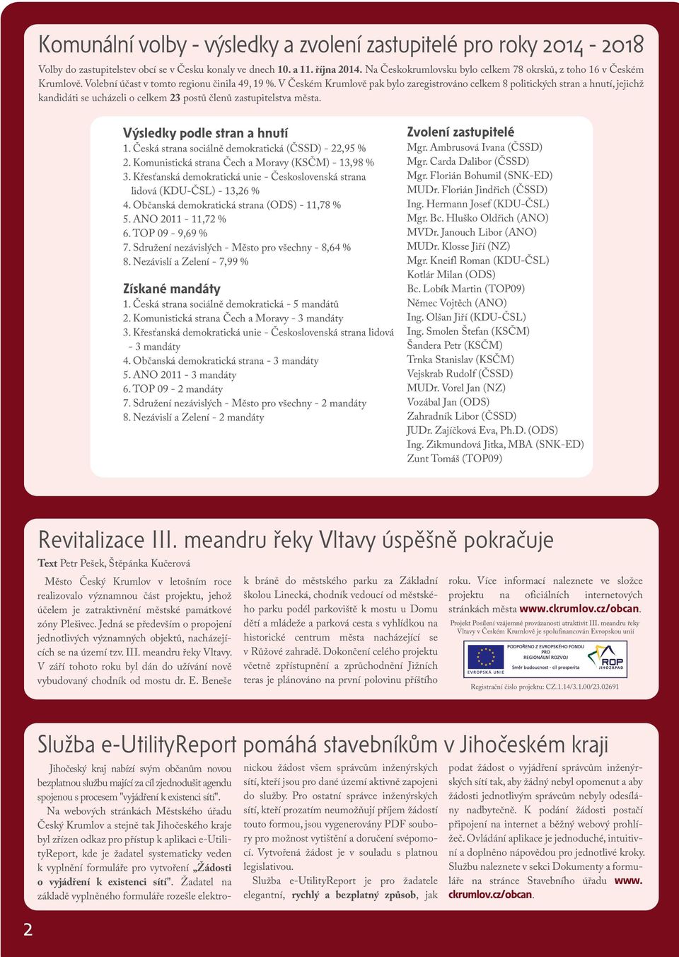 V Českém Krumlově pak bylo zaregistrováno celkem 8 politických stran a hnutí, jejichž kandidáti se ucházeli o celkem 23 postů členů zastupitelstva města. Výsledky podle stran a hnutí 1.