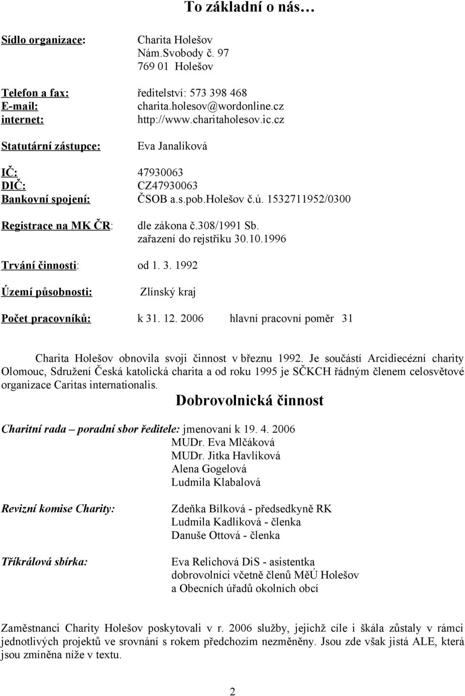 zařazení do rejstříku 30.10.1996 Trvání činnosti: od 1. 3. 1992 Území působnosti: Zlínský kraj Počet pracovníků: k 31. 12.