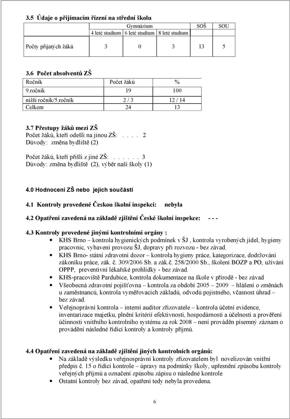 ..... 3 Důvody: změna bydliště (2), výběr naší školy (1) 4.0 Hodnocení ZŠ nebo jejich součástí 4.1 Kontroly provedené Českou školní inspekcí: nebyla 4.