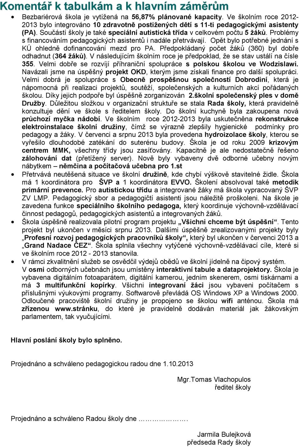 Předpkládaný pčet žáků (360) byl dbře dhadnut (364 žáků). V následujícím šklním rce je předpklad, že se stav ustálí na čísle 355. Velmi dbře se rzvíjí příhraniční splupráce s plsku šklu ve Wdzislawi.