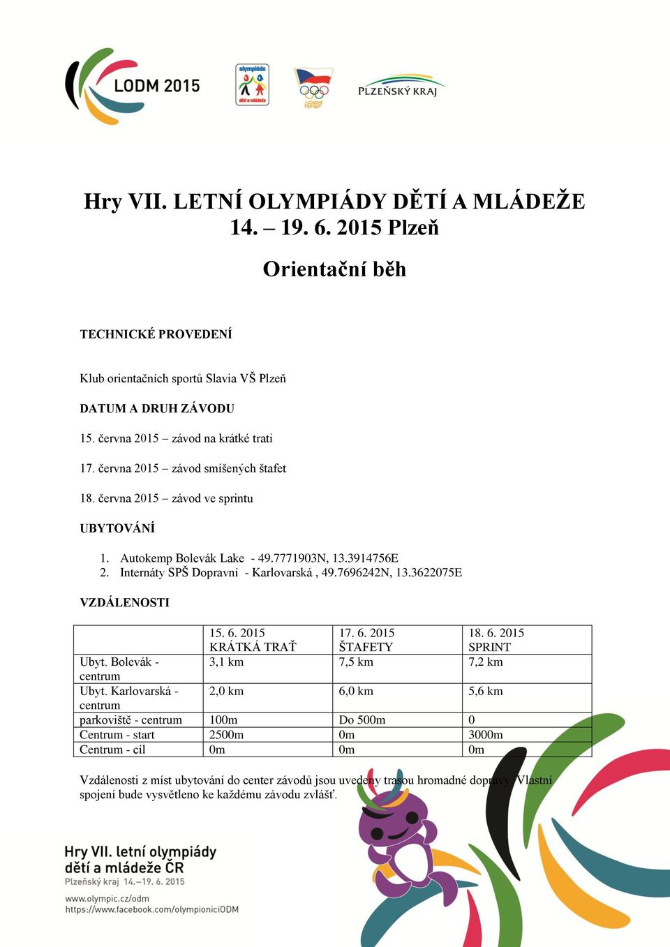 3622075E VZDÁLENOSTI 15. 6. 2015 KRÁTKÁ TRAŤ 17. 6. 2015 ŠTAFETY 18. 6. 2015 SPRINT Ubyt. Bolevák - 3,1 km 7,5 km 7,2 km centrum Ubyt.