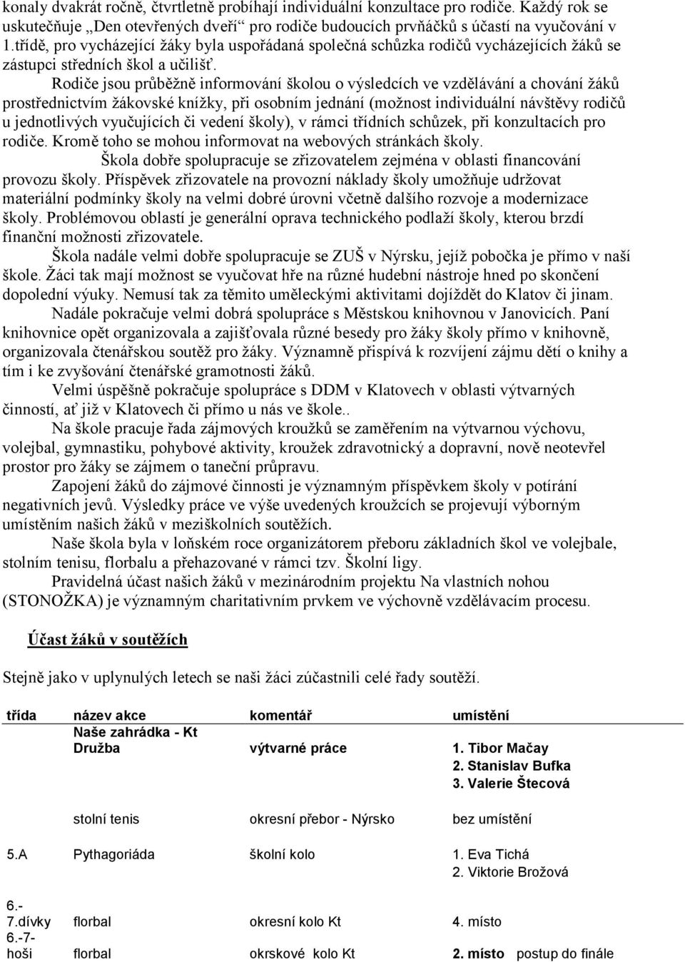 Rodiče jsou průběžně informování školou o výsledcích ve vzdělávání a chování žáků prostřednictvím žákovské knížky, při osobním jednání (možnost individuální návštěvy rodičů u jednotlivých vyučujících