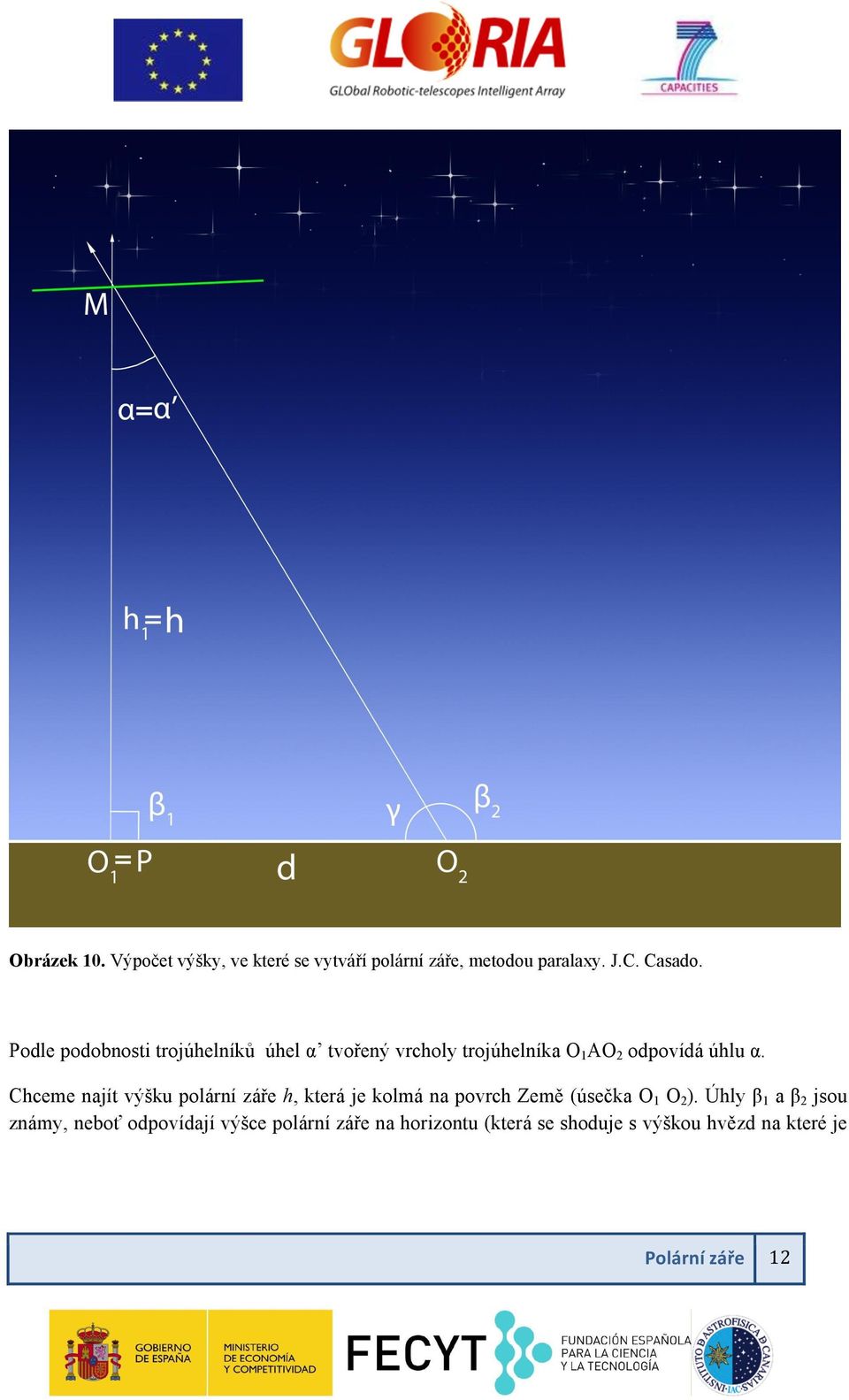 Chceme najít výšku polární záře h, která je kolmá na povrch Země (úsečka O 1 O 2 ).