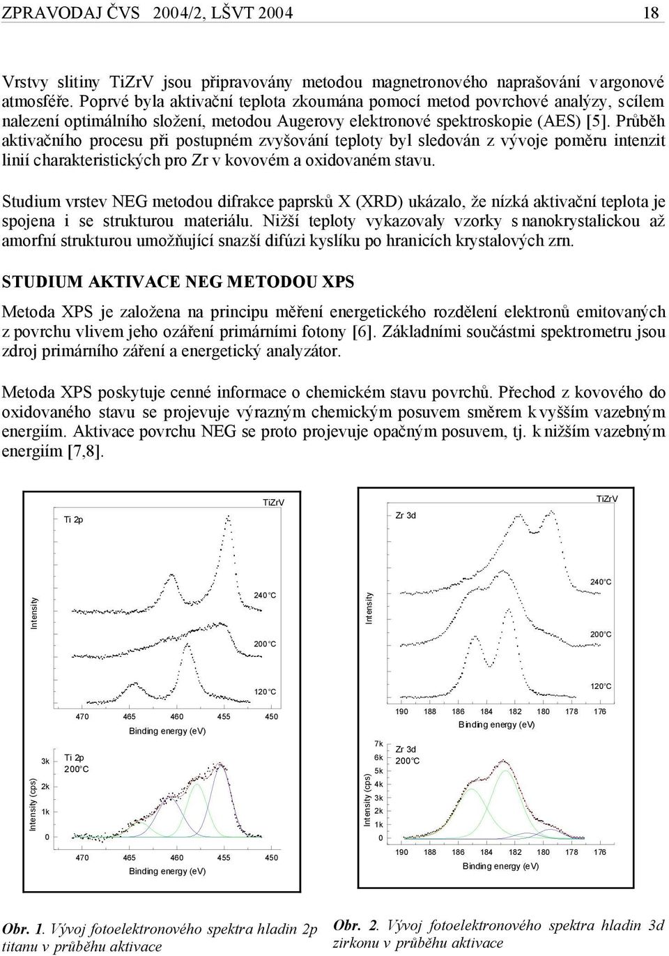 Průběh aktivačního procesu při postupném zvyšování teploty byl sledován z vývoje poměru intenzit linií charakteristických pro Zr v kovovém a oxidovaném stavu.