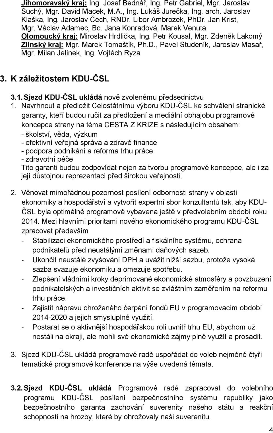 , Pavel Studeník, Jaroslav Masař, Mgr. Milan Jelínek, Ing. Vojtěch Ryza 3. K záležitostem KDU-ČSL 3.1. Sjezd KDU-ČSL ukládá nově zvolenému předsednictvu 1.