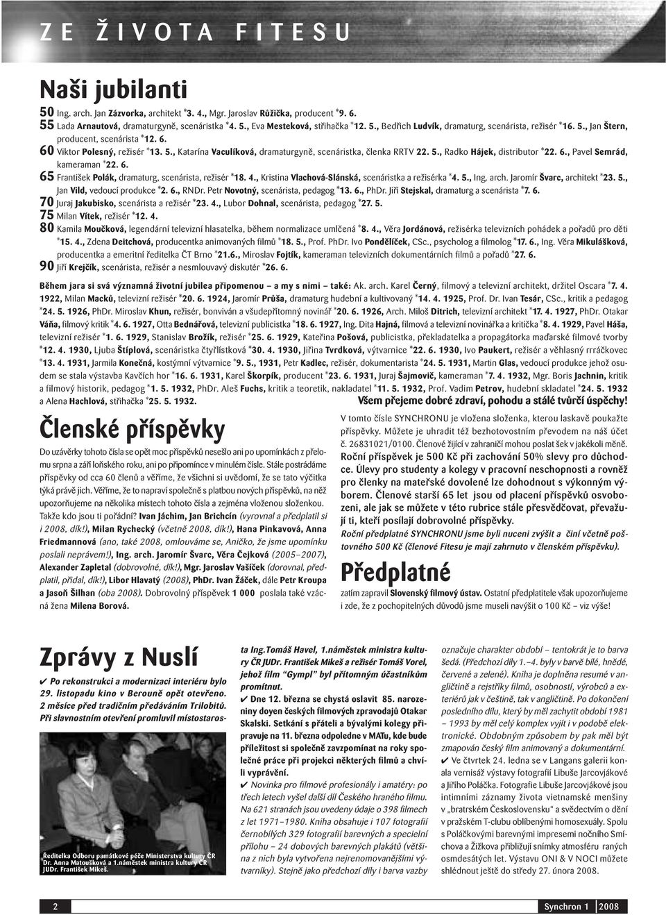 5., Radko Hájek, distributor *22. 6., Pavel Semrád, kameraman *22. 6. 65 František Polák, dramaturg, scenárista, režisér *18. 4., Kristina Vlachová-Slánská, scenáristka a režisérka *4. 5., Ing. arch.