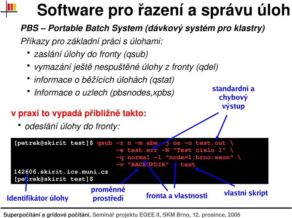 odesláníúlohydofronty: [petrek@skirit test]$ qsub -r -e -q -v 142606.skirit.ics.muni.