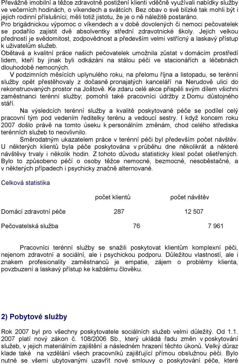 Pro brigádnickou výpomoc o víkendech a v době dovolených či nemoci pečovatelek se podařilo zajistit dvě absolventky střední zdravotnické školy.