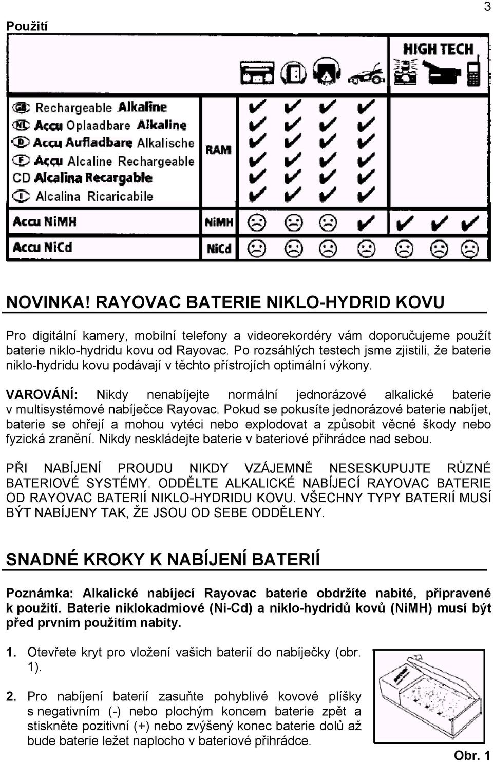 VAROVÁNÍ: Nikdy nenabíjejte normální jednorázové alkalické baterie v multisystémové nabíječce Rayovac.