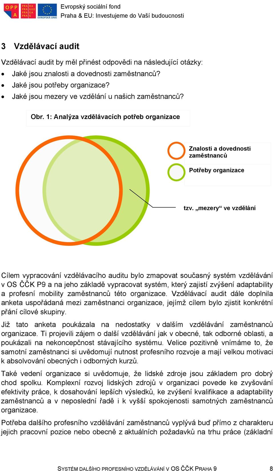 mezery ve vzdělání Cílem vypracování vzdělávacího auditu bylo zmapovat současný systém vzdělávání v OS ČČK P9 a na jeho základě vypracovat systém, který zajistí zvýšení adaptability a profesní