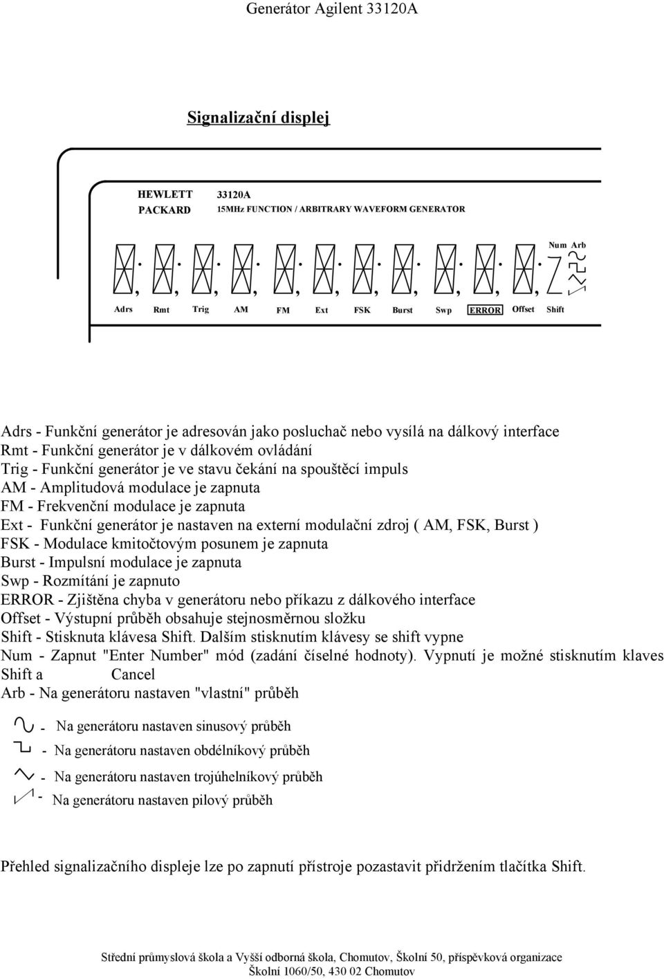 v dálkovém ovládání Trig - Funkční generátor je ve stavu čekání na spouštěcí impuls AM - Amplitudová modulace je zapnuta FM - Frekvenční modulace je zapnuta Ext - Funkční generátor je nastaven na