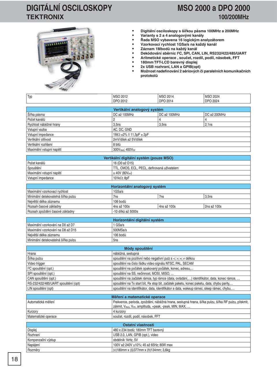 TFT-LCD barevný displej 2x USB rozhraní, LAN a GPIB(opt) Možnost nadefinování 2 sériových či paralelních komunikačních protokolů Typ MSO 2012 DPO 2012 MSO 2014 DPO 2014 MSO 2024 DPO 2024 Vertikální
