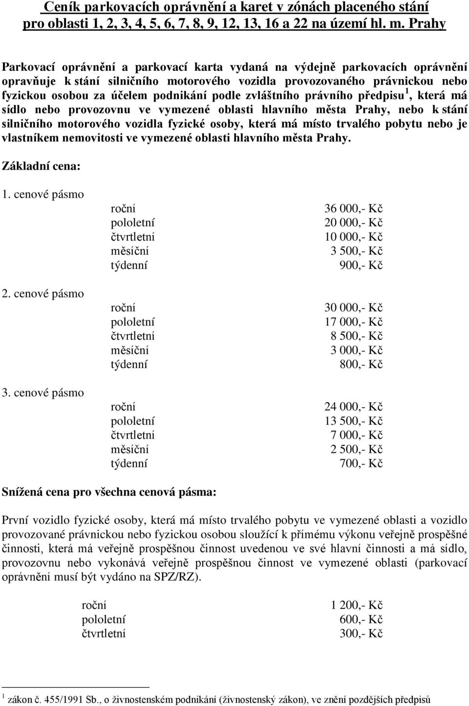podle zvláštního právního předpisu 1, která má sídlo nebo provozovnu ve vymezené oblasti hlavního města Prahy, nebo k stání silničního motorového vozidla fyzické osoby, která má místo trvalého pobytu