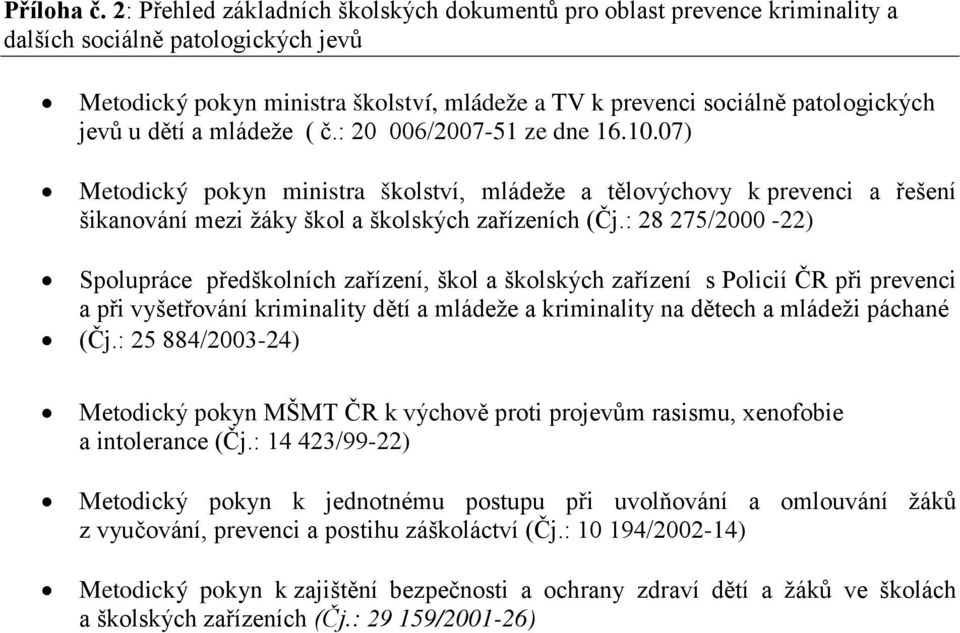 u dětí a mládeže ( č.: 20 006/2007-51 ze dne 16.10.07) Metodický pokyn ministra školství, mládeže a tělovýchovy k prevenci a řešení šikanování mezi žáky škol a školských zařízeních (Čj.