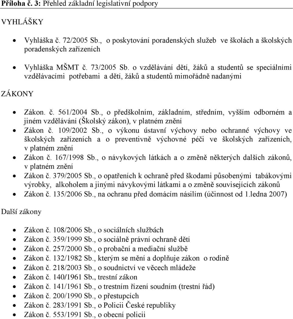 , o předškolním, základním, středním, vyšším odborném a jiném vzdělávání (Školský zákon), v platném znění Zákon č. 109/2002 Sb.