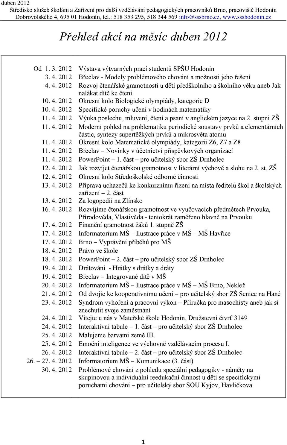 4. 2012 Specifické poruchy učení v hodinách matematiky 11. 4. 2012 Výuka poslechu, mluvení, čtení a psaní v anglickém jazyce na 2. stupni ZŠ 11. 4. 2012 Moderní pohled na problematiku periodické soustavy prvků a elementárních částic, syntézy supertěžkých prvků a mikrosvěta atomu 11.