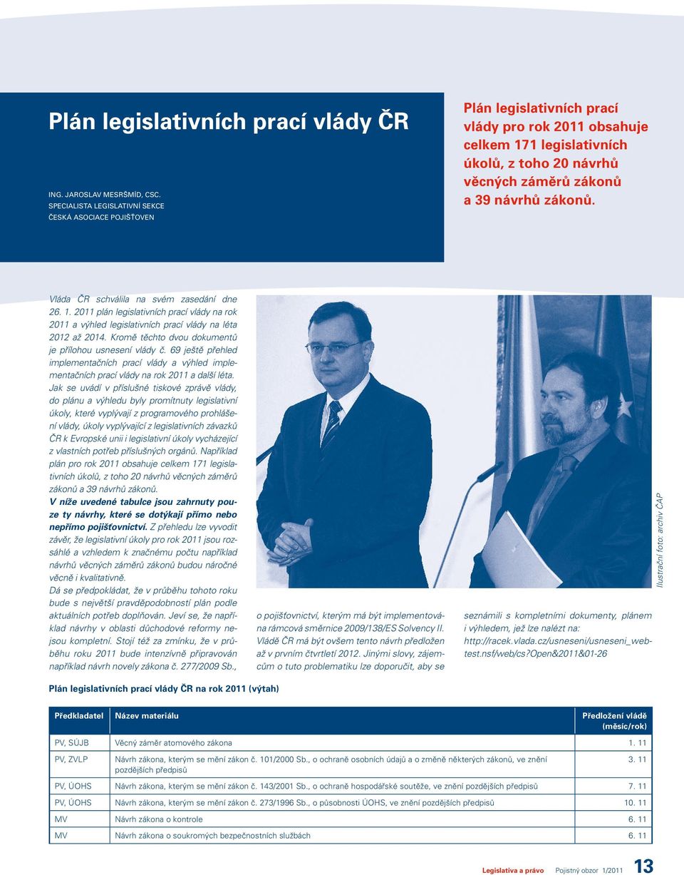 zákonů. Vláda ČR schválila na svém zasedání dne 26. 1. 2011 plán legislativních prací vlády na rok 2011 a výhled legislativních prací vlády na léta 2012 až 2014.