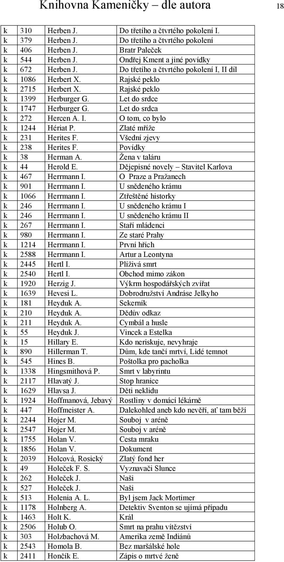 Let do srdca k 272 Hercen A. I. O tom, co bylo k 1244 Hériat P. Zlaté mříže k 231 Herites F. Všední zjevy k 238 Herites F. Povídky k 38 Herman A. Žena v taláru k 44 Herold E.